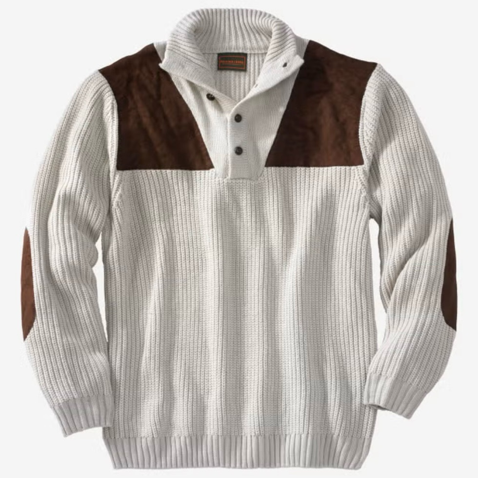 Boulder Creek Men's Cream W/Brown Patchwork Tall Sweater With 3/4 Button Up Neck
